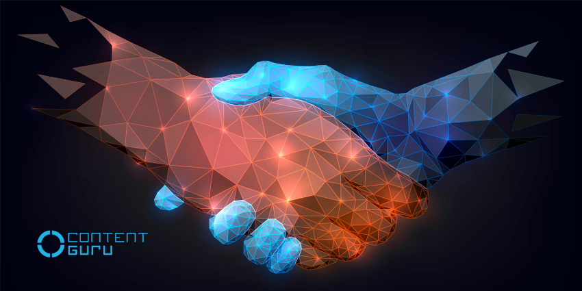 Digital handshake symbolizing CX leaders building trust and transparency in managing and protecting CX data with Content Guru logo