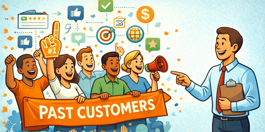 Customer communities driving customer-led marketing: past customers cheer with a “PAST CUSTOMERS” banner while a marketing manager points to them as a growth engine.