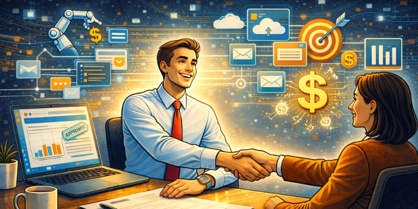Sales enablement technology helps close deals as a salesperson and client shake hands at a desk, surrounded by digital workflow icons and a glowing dollar sign.