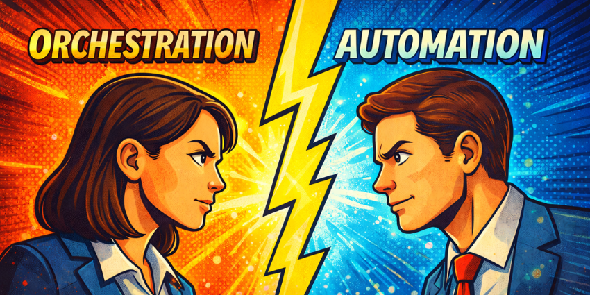 Two salespeople face off, in a symbolic representation of the difference between journey orchestration and marketing automation.