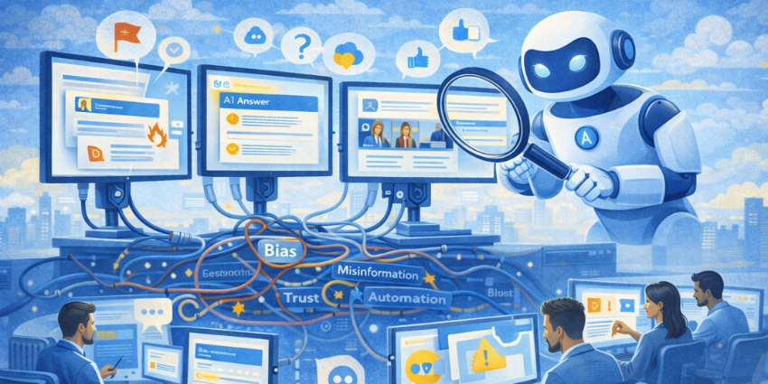 AI community management illustration showing automated moderation, routing, and summarization with human oversight and trust guardrails.