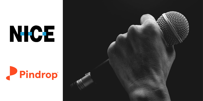 Microphone on black background with NiCE and PinDrop logos