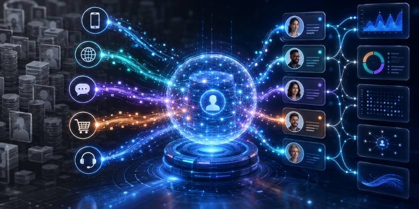 Real time customer data architecture showing event-driven updates