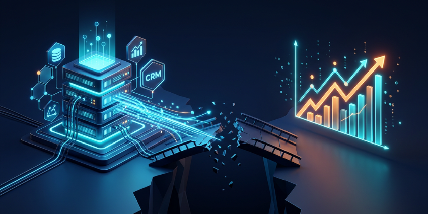 A conceptual illustration showing a broken bridge between glowing data analytics on one side and business revenue growth on the other, representing the marketing activation gap.