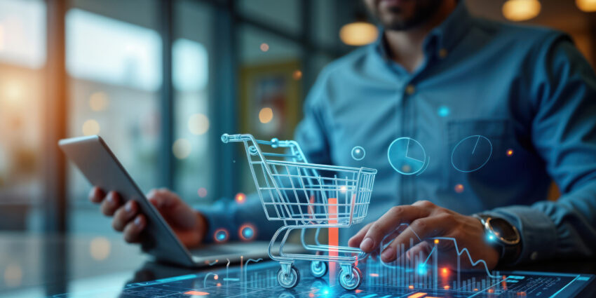 A sales professional using AI sales technology workflows to analyze B2B buyer journey trends on a digital dashboard.