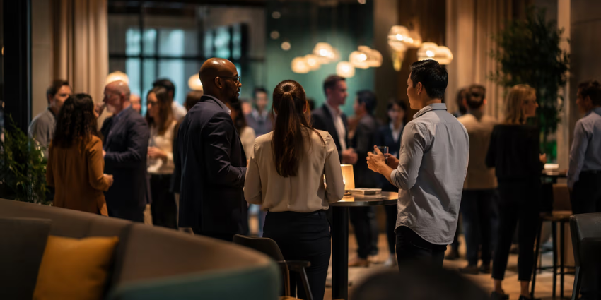Diverse professionals networking in a modern community event space representing brand community growth