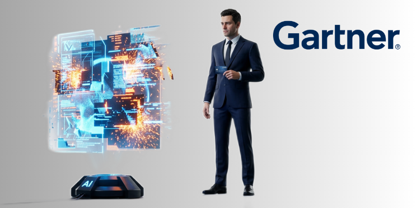 A man holding a credit card looks cautiously at a glitching AI hologram, representing AI-driven content skepticism and marketing fatigue.