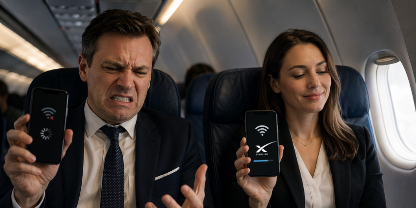 Frustrated passenger unable to load inflight Wi-Fi next to a calm woman using Starlink plane Wi-Fi speed on her phone - the best in-flight internet available in 2026