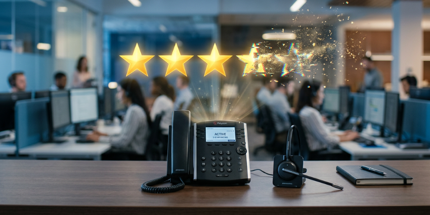A glitching 5-star rating over a call center headset, illustrating how negative CX performance trends destroy core customer satisfaction drivers.