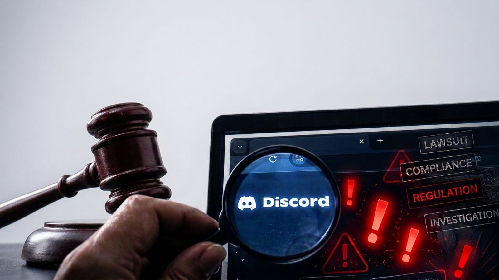 Magnifying glass over the Discord logo with warning symbols, illustrating Brazil’s lawsuit over child safety, age verification and platform accountability.