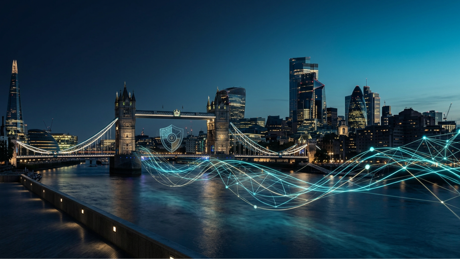 Tower Bridge in London with secure data connections representing AI, digital sovereignty, and data control for UK businesses